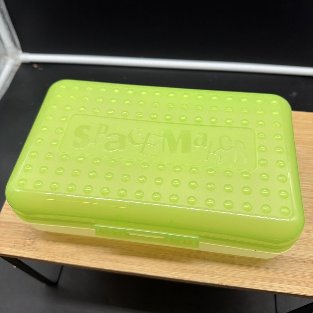 Vintage 90's Spacemaker Plastic Pencil Pen Storage Case Box Green And Clear